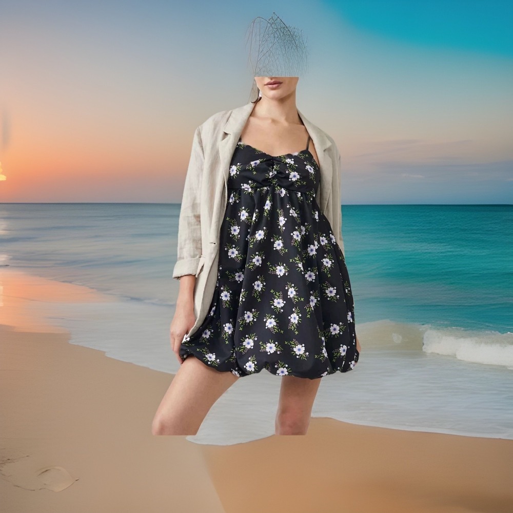 NWT Free People In A Bubble Black Pink Blossom Mini Strap Dress XS $128 0/2